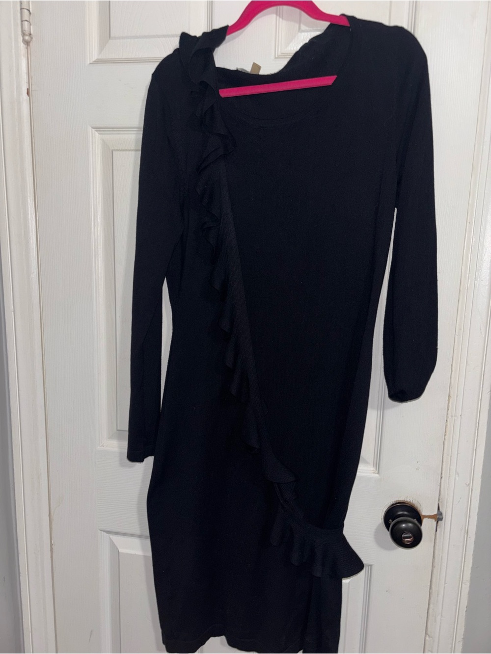 Women's Black Long Sleeve Ruffle-Trim Dress